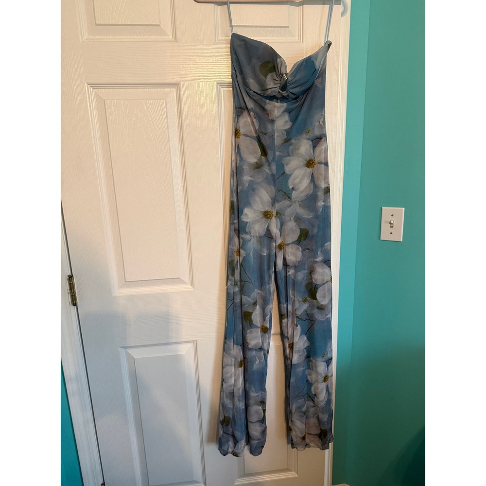 Blanc Clothing Blue White Floral Strapless Wide Leg Jumpsuit Keyhole Cutout
